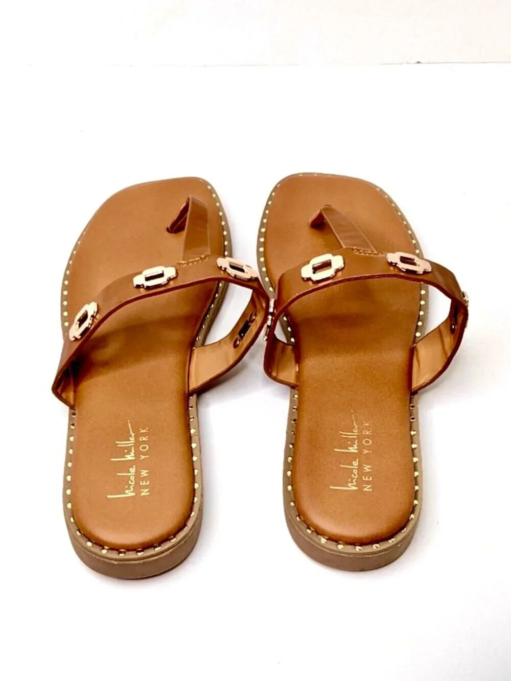 NEW 10 Nicole Miller New York Korey Cognac Studded Thong Sandals Gold Hardware